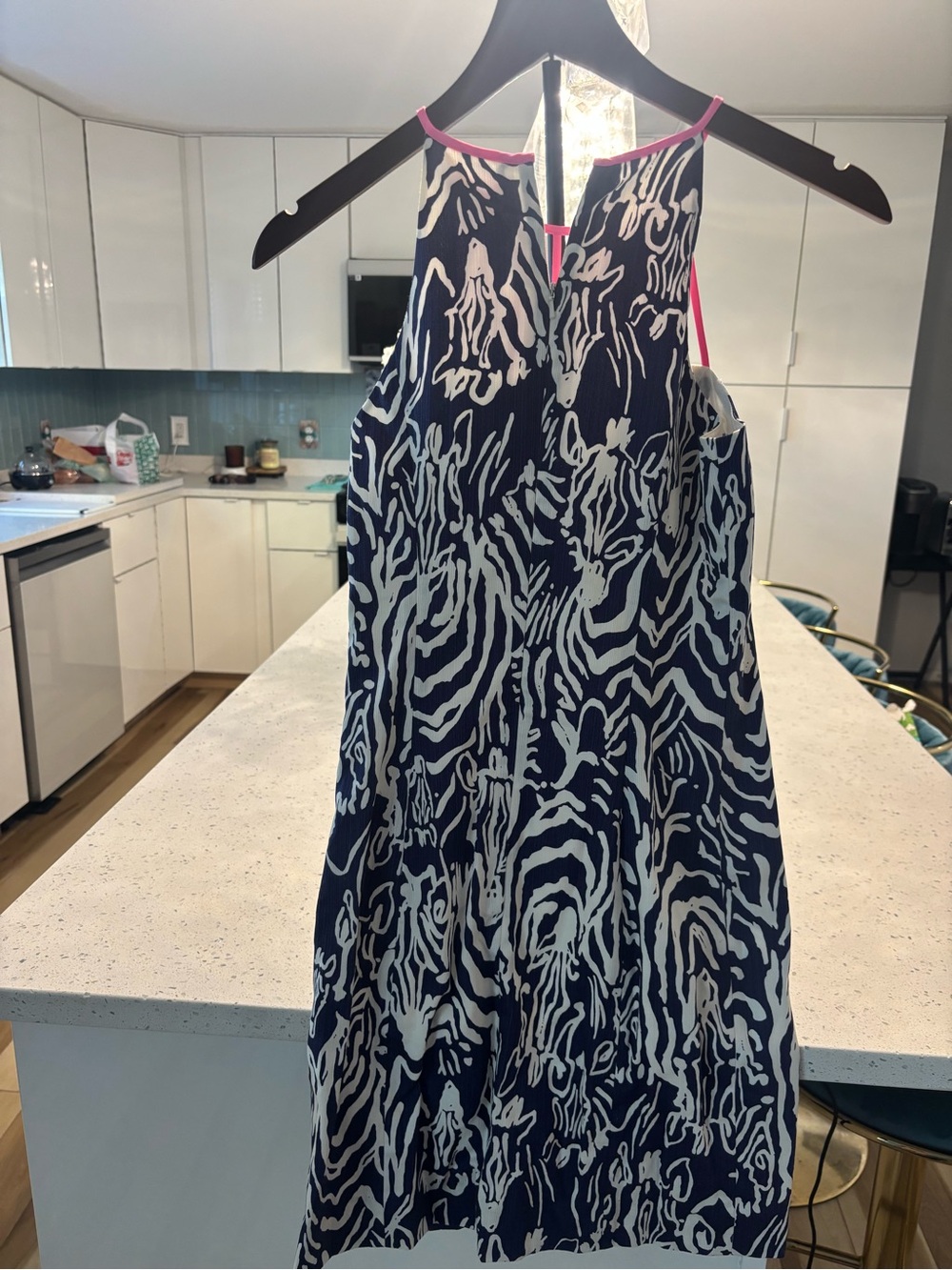 Lilly Pulitzer Navy and White Printed Halter Mini Dress with Pink Trim